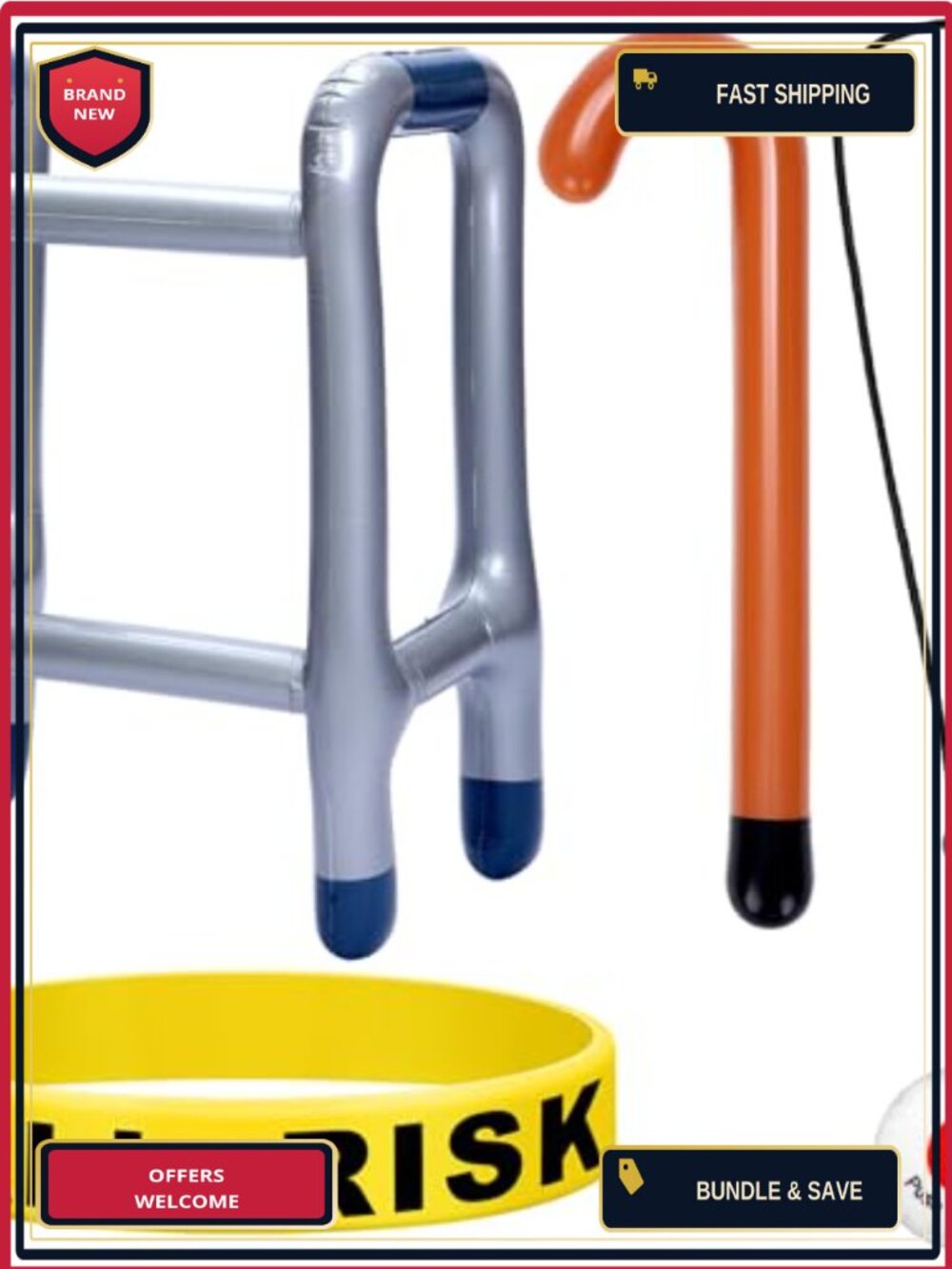 4 Pc Old Age Costume Accessory Set Plush Prop Inflatable Walker Cane Bracelet